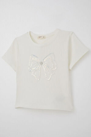 Breeze Kız Çocuk Crop Tişört Fiyonk Arma Aksesuarlı 9-14 Yaş, Ekru