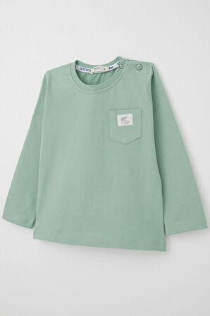 Breeze Erkek Bebek Uzun Kollu Tişört Cep Detaylı Cool Yazı Armalı 9 Ay-3 Yaş, Su Yeşili