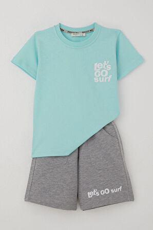 Breeze Erkek Çocuk Şortlu Takım Sırt Kısmı Sörfçü Dinozor Baskılı 2-6 Yaş, Açık Mavi