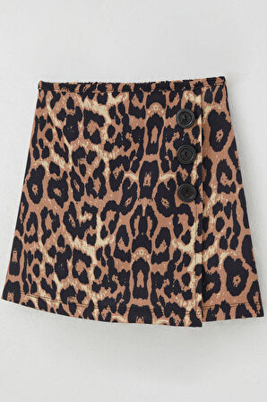 Breeze Kız Çocuk Şort Etek Leopar Desenli Düğme Aksesuarlı 6-12 Yaş, Kahverengi
