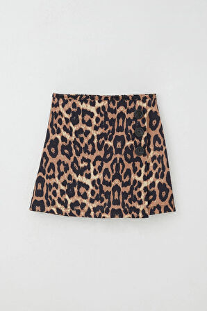 Breeze Kız Çocuk Şort Etek Leopar Desenli Düğme Aksesuarlı 6-12 Yaş, Kahverengi