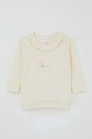 Breeze Kız Bebek Pijama Takımı Omuzdan Patlı Yaka Kısmı Fırfırlı Yazı Nakışlı 4 Ay-1 Yaş, Krem