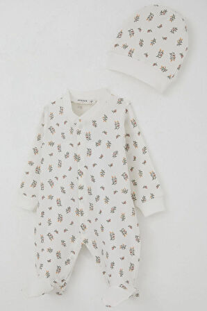 Breeze Kız Bebek Patikli Tulum Çiçek Desenli 0-6 Ay, Ekru
