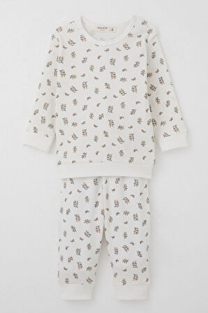 Breeze Kız Bebek Pijama Takımı Omuzdan Patlı Çiçek Desenli 4 Ay-1 Yaş, Ekru
