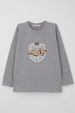 Breeze Erkek Çocuk Uzun Kollu Tişört Sokak Şampiyonu Araba Baskılı 4-8 Yaş, Gri Melanj