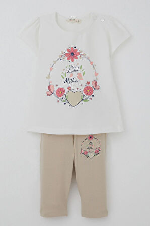 Breeze Kız Çocuk Kapri Taytlı Takım Anne Sevgisi Temalı Çiçek Baskılı 1.5-5 Yaş, Ekru