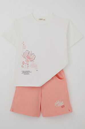 Breeze Kız Çocuk Şortlu Takım Sevgi Temalı Çiçek Baskılı 6-12 Yaş, Ekru