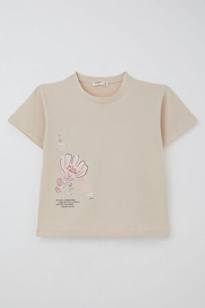 Breeze Kız Çocuk Şortlu Takım Sevgi Temalı Çiçek Baskılı 6-12 Yaş, Bej