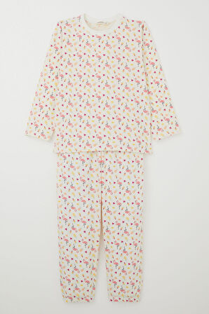 Breeze Kız Çocuk Pijama Takımı Tropikal Meyve & Flamingo Desenli 4-8 Yaş, Ekru