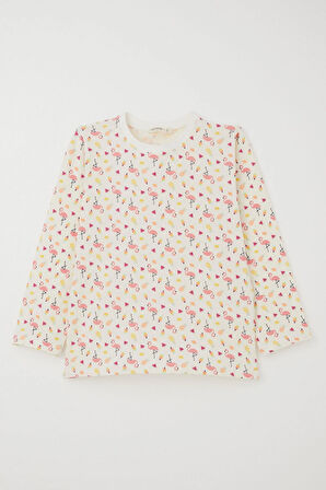 Breeze Kız Çocuk Pijama Takımı Tropikal Meyve & Flamingo Desenli 4-8 Yaş, Ekru