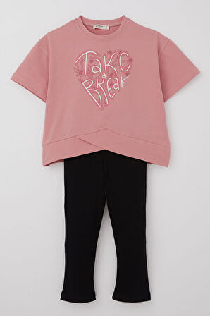 Breeze Kız Çocuk Kapri Taytlı Takım Çapraz Detay Yazı Baskılı 8-14 Yaş, Gülkurusu