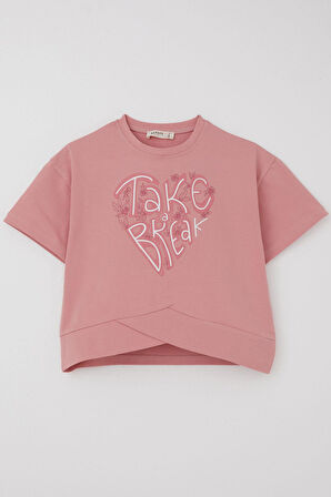 Breeze Kız Çocuk Kapri Taytlı Takım Çapraz Detay Yazı Baskılı 8-14 Yaş, Gülkurusu