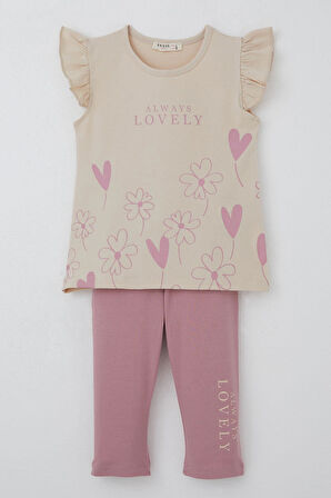 Breeze Kız Çocuk Kapri Taytlı Takım Sevgi Temalı Çiçek Baskılı 3-8 Yaş, Bej