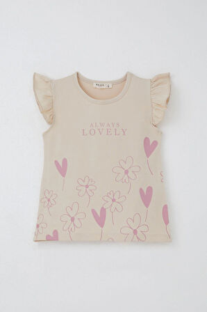 Breeze Kız Çocuk Kapri Taytlı Takım Sevgi Temalı Çiçek Baskılı 3-8 Yaş, Bej