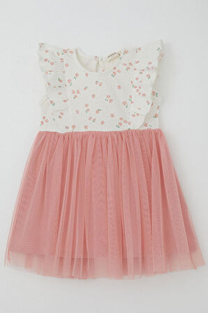 Breeze Kız Bebek Elbise Çiçekli Tüllü Fırfırlı 9 Ay-3 Yaş, Ekru