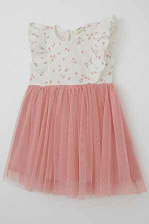 Breeze Kız Bebek Elbise Çiçekli Tüllü Fırfırlı 9 Ay-3 Yaş, Ekru