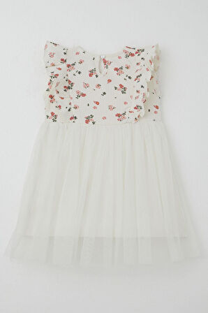 Breeze Kız Bebek Elbise Çiçekli Tüllü Fırfırlı 9 Ay-3 Yaş, Ekru