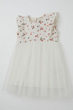 Breeze Kız Bebek Elbise Çiçekli Tüllü Fırfırlı 9 Ay-3 Yaş, Ekru