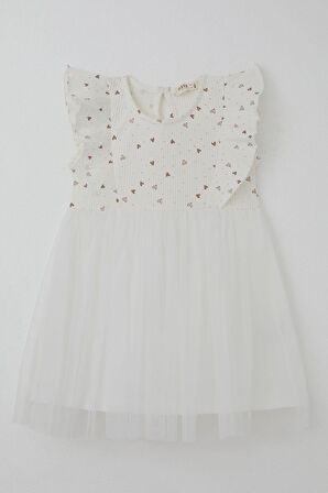 Breeze Kız Bebek Elbise Kalp Desenli Tüllü Fırfırlı 9 Ay-3 Yaş, Ekru