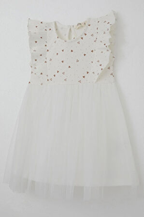Breeze Kız Bebek Elbise Kalp Desenli Tüllü Fırfırlı 9 Ay-3 Yaş, Ekru