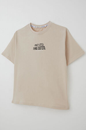 Breeze Erkek Çocuk Tişört Yazı Baskılı 8-12 Yaş, Bej