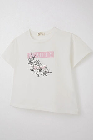 Breeze Kız Çocuk Tişört Çiçek Baskılı 8-14 Yaş, Ekru
