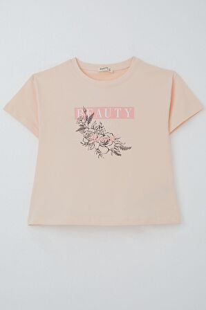 Breeze Kız Çocuk Tişört Çiçek Baskılı 8-14 Yaş, Pudra