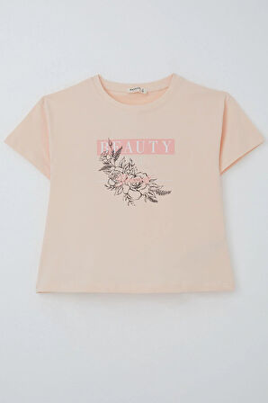 Breeze Kız Çocuk Tişört Çiçek Baskılı 8-14 Yaş, Pudra