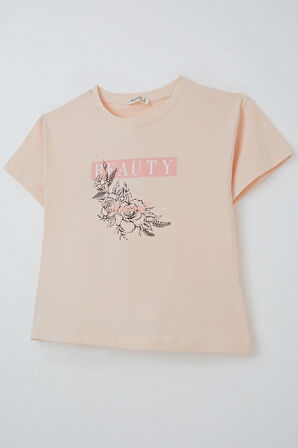 Breeze Kız Çocuk Tişört Çiçek Baskılı 8-14 Yaş, Pudra