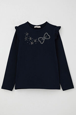 Breeze Kız Çocuk Uzun Kollu Tişört Işıltılı Taş İşleme Detaylı 4-10 Yaş, Lacivert