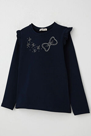 Breeze Kız Çocuk Uzun Kollu Tişört Işıltılı Taş İşleme Detaylı 4-10 Yaş, Lacivert