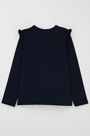 Breeze Kız Çocuk Uzun Kollu Tişört Işıltılı Taş İşleme Detaylı 4-10 Yaş, Lacivert