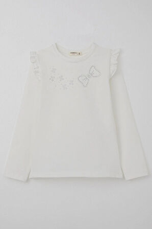 Breeze Kız Çocuk Uzun Kollu Tişört Işıltılı Taş İşleme Detaylı 4-10 Yaş, Ekru