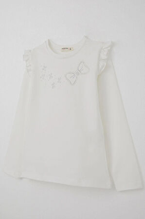 Breeze Kız Çocuk Uzun Kollu Tişört Işıltılı Taş İşleme Detaylı 4-10 Yaş, Ekru