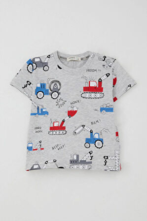 Breeze Erkek Çocuk Şortlu Takım Eğlenceli İş Makineleri Desenli 1.5-5 Yaş, Açık Gri Melanj