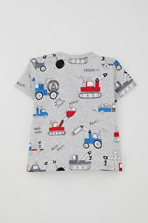 Breeze Erkek Çocuk Şortlu Takım Eğlenceli İş Makineleri Desenli 1.5-5 Yaş, Açık Gri Melanj