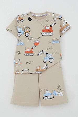 Breeze Erkek Çocuk Şortlu Takım Eğlenceli İş Makineleri Desenli 1.5-5 Yaş, Bej