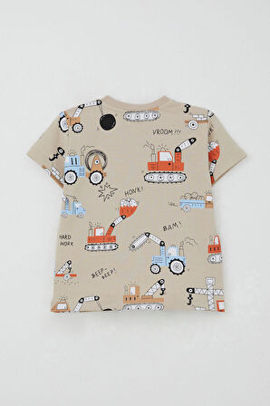 Breeze Erkek Çocuk Şortlu Takım Eğlenceli İş Makineleri Desenli 1.5-5 Yaş, Bej
