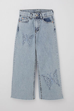 Breeze Kız Çocuk Jean Pantolon Kelebek Nakışlı Paçası Püsküllü 8-14 Yaş, Açık Mavi