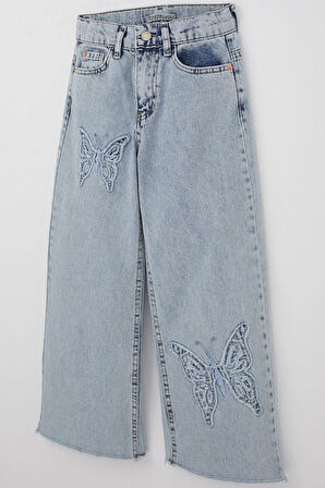 Breeze Kız Çocuk Jean Pantolon Kelebek Nakışlı Paçası Püsküllü 8-14 Yaş, Açık Mavi