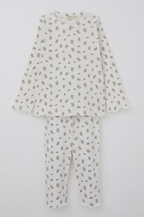 Breeze Kız Bebek Pijama Takımı Çiçek Desenli Omuzu Düğmeli 9 Ay-3 Yaş, Ekru