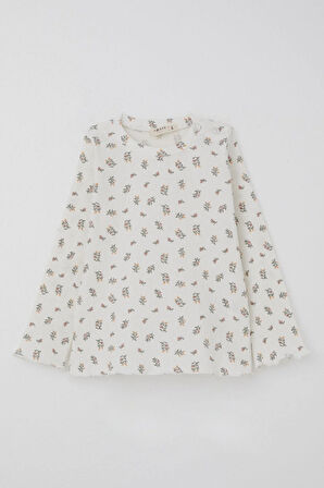 Breeze Kız Bebek Pijama Takımı Çiçek Desenli Omuzu Düğmeli 9 Ay-3 Yaş, Ekru