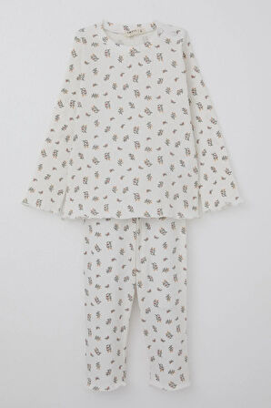 Breeze Kız Bebek Pijama Takımı Çiçek Desenli Omuzu Düğmeli 9 Ay-3 Yaş, Ekru