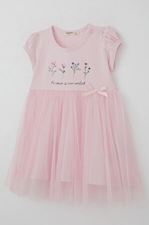 Breeze Kız Çocuk Elbise Çiçek Baskılı Tüllü Fiyonk Detaylı 1.5-5 Yaş, Pembe