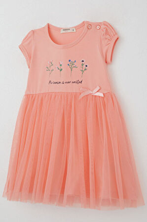 Breeze Kız Çocuk Elbise Çiçek Baskılı Tüllü Fiyonk Detaylı 1.5-5 Yaş, Somon