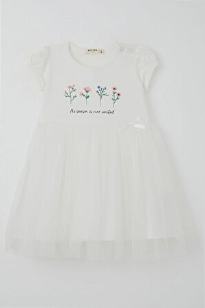 Breeze Kız Çocuk Elbise Çiçek Baskılı Tüllü Fiyonk Detaylı 1.5-5 Yaş, Ekru
