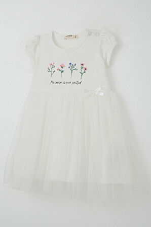 Breeze Kız Çocuk Elbise Çiçek Baskılı Tüllü Fiyonk Detaylı 1.5-5 Yaş, Ekru