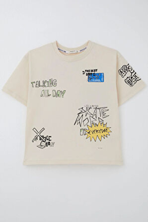 Breeze Erkek Çocuk Tişört Teknoloji Temalı Yazı Baskılı 7-12 Yaş, Krem