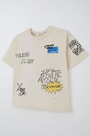 Breeze Erkek Çocuk Tişört Teknoloji Temalı Yazı Baskılı 7-12 Yaş, Krem