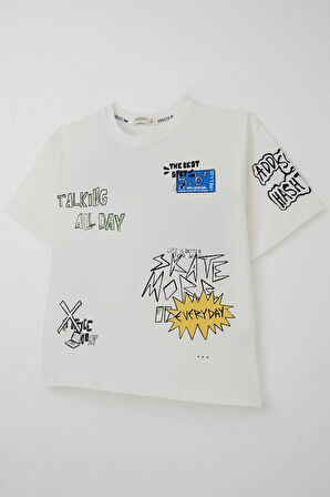 Breeze Erkek Çocuk Tişört Teknoloji Temalı Yazı Baskılı 7-12 Yaş, Ekru